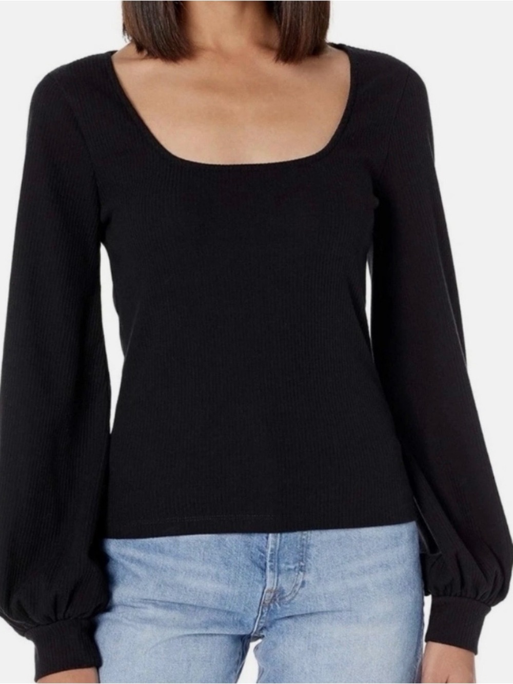 Women's Black Ribbed Square-Neck Long Sleeve Top